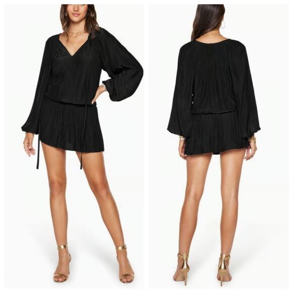Ramy Brook Paris Smocked Black Mini Dress Long Sleeves - Picture 1 of 12